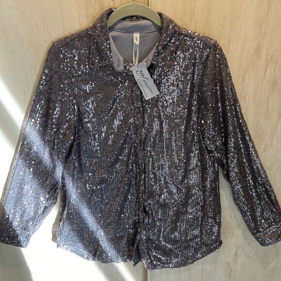 NY Collection Womens glitter sequence party metallic blouse shirt top size Large - Picture 1 of 9